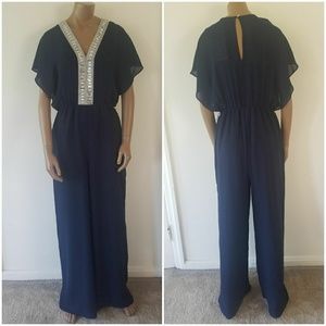 Sz 6 Navy Blue Badgley Mischka Beaded Jumpsuit NWT